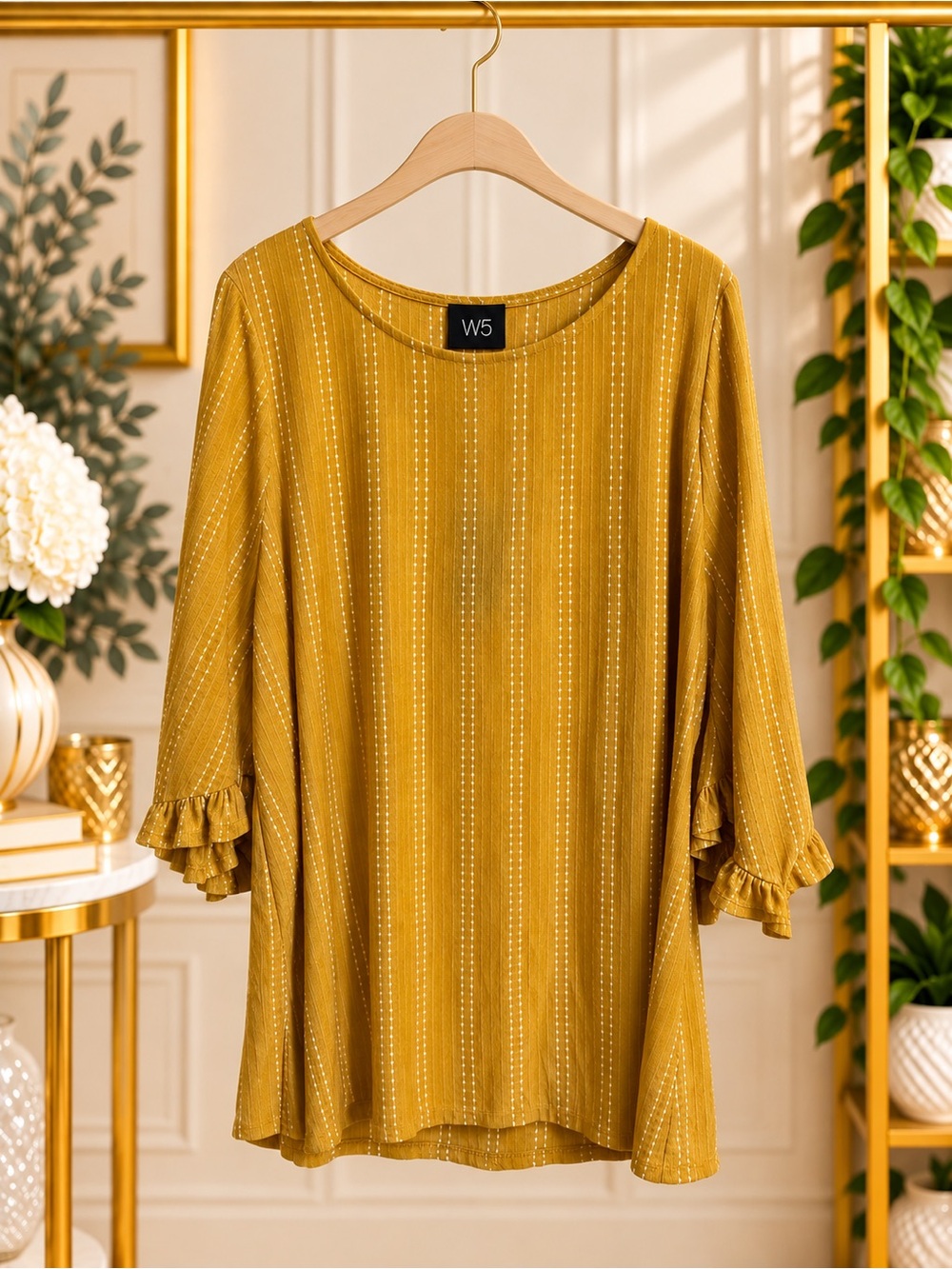 W5 Mariana Mustard Dotted Stripe Ruffle Sleeve Top 2X NWT Made USA